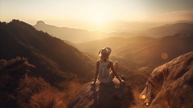 Uma mulher está sentada em uma rocha com vista para uma cordilheira com o pôr do sol ao fundo.