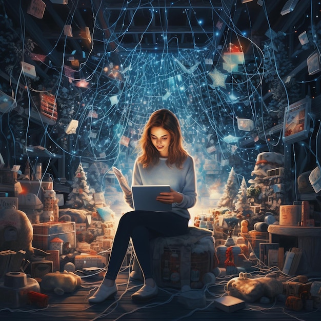 Uma mulher está sentada em uma sala com um laptop e muitos livros no chão.