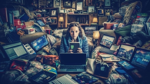 Uma mulher está sentada em uma sala com um laptop e uma foto de um monte de livros na parede.
