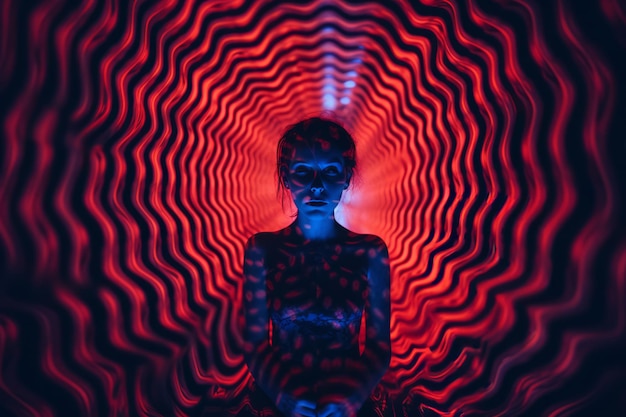 Foto uma mulher está sentada na frente de uma luz vermelha e azul
