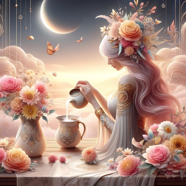 uma mulher está sentada na frente de uma mesa com flores e uma chávena de chá