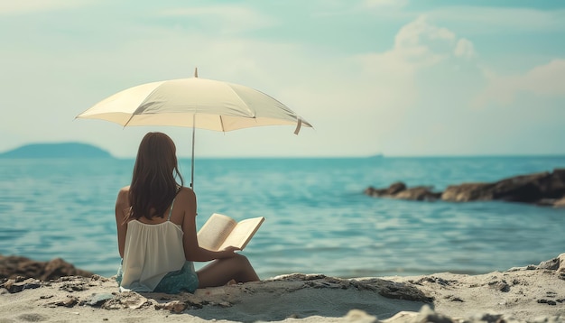 Uma mulher está sentada na praia lendo um livro sob um guarda-chuva