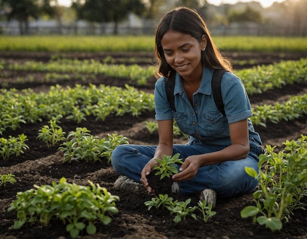 uma mulher está sentada num campo com uma planta na mão