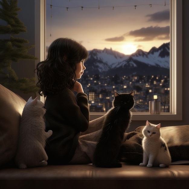 Uma mulher está sentada num sofá com gatos e um pôr-do-sol ao fundo.