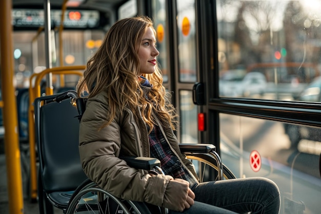 uma mulher está sentada numa cadeira de rodas no autocarro