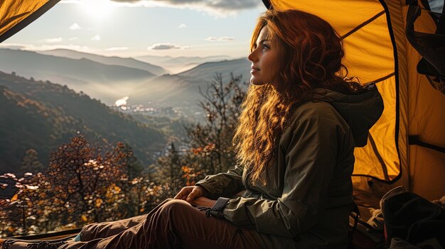 Foto uma mulher está sentada numa tenda com vista para um vale e o sol está a pôr-se