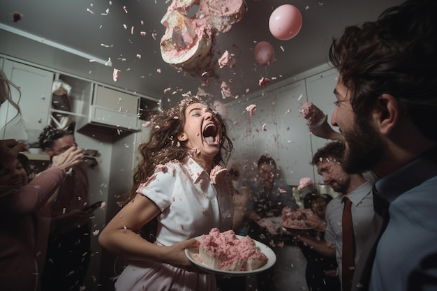 Uma mulher está soprando um bolo com uma cobertura rosa.