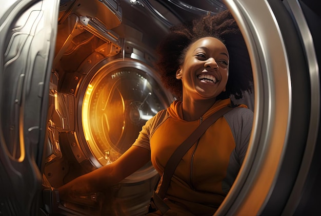 uma mulher está sorrindo do lado de fora de sua máquina de lavar roupa no estilo do afrofuturismo