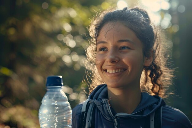 Uma mulher está sorrindo e segurando uma garrafa de água