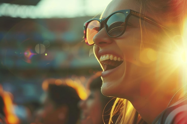 Uma mulher está sorrindo e usando óculos de sol