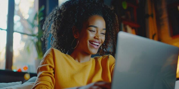 Uma mulher está sorrindo enquanto usa um laptop Ela está vestindo uma camisola amarela e está sentada em um sofá