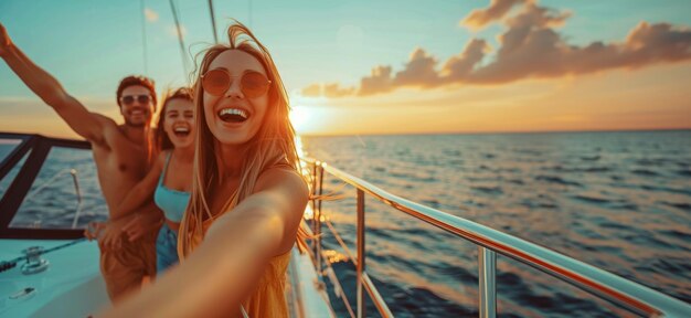 Uma mulher está tirando uma selfie em um barco com seus amigos