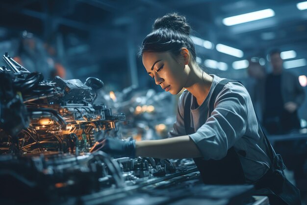 Uma mulher está trabalhando em um componente do motor
