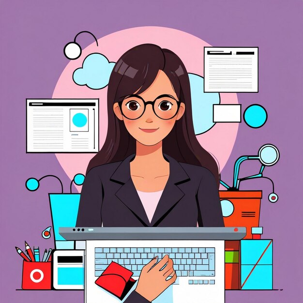 uma mulher está trabalhando em um computador com um fundo roxo com uma mulher trabalhando em um ordenador