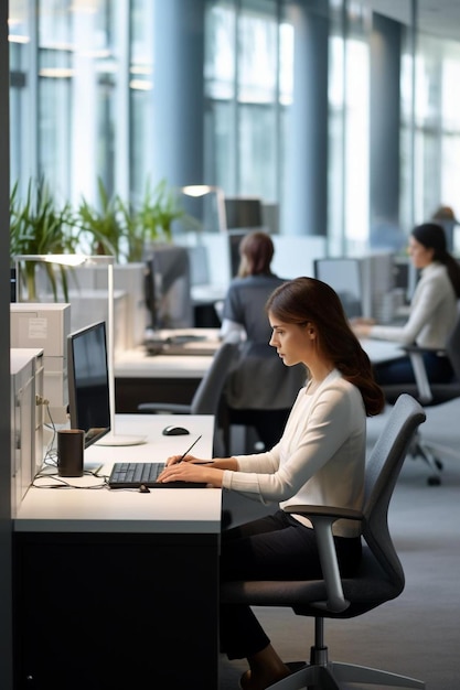 uma mulher está trabalhando em um computador em um escritório com outras pessoas