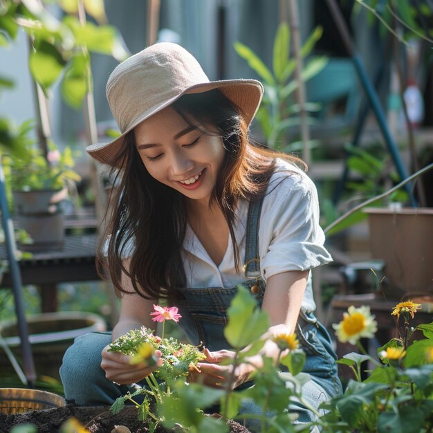 uma mulher está trabalhando em um jardim com uma flor na mão