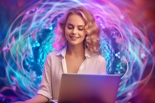Uma mulher está trabalhando em um laptop em frente a um fundo colorido.