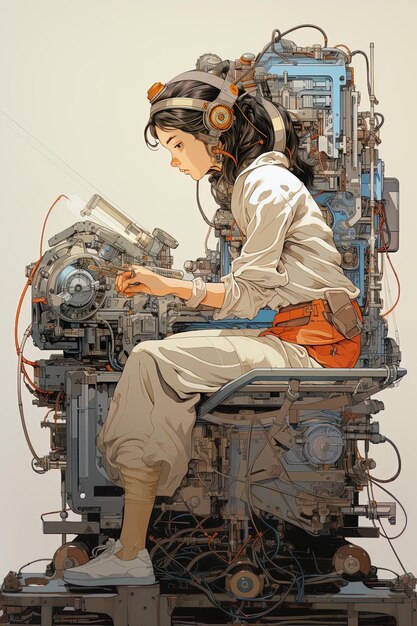 uma mulher está trabalhando em um motor que é feito por uma empresa chamada a primeira