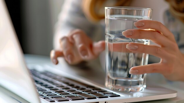 uma mulher está usando um laptop com um copo de água