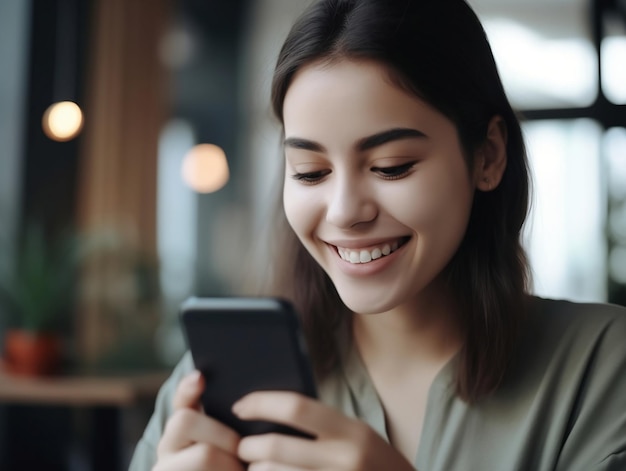 Uma mulher está usando um telefone e sorrindo.