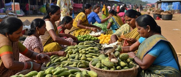 uma mulher está vendendo vegetais em um mercado com outras pessoas