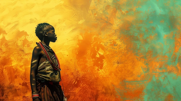 Foto uma mulher etíope está graciosamente de pé em frente a um cenário colorido pintado com a imagem de um menino negro africano
