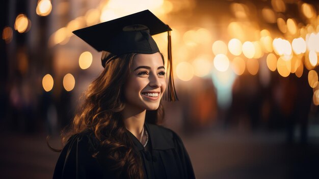 Foto uma mulher europeia feliz na sua formatura universitária encarnando o conceito de sucesso educacional