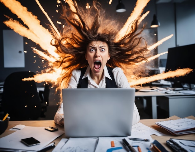 Foto uma mulher excitada com o cabelo voando e um laptop no escritório gritando e gritando de surpresa contra o pano de fundo de uma explosão ia generativa