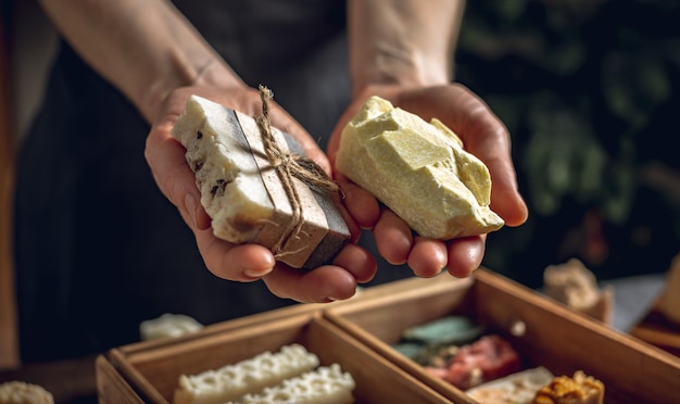 Uma mulher fabricante de sabão segura um pedaço de sabão de chocolate em suas mãos muitas fatias diferentes