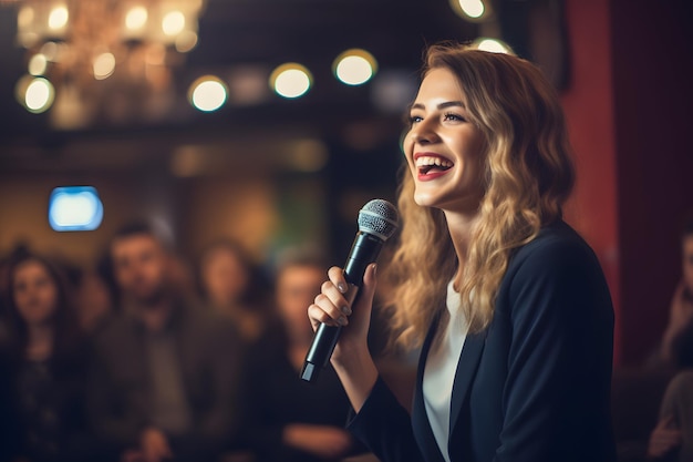 Uma mulher falando em um microfone na frente de um grande público
