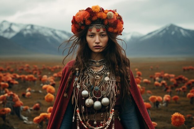 Uma mulher fantasiada com uma coroa de flores na cabeça