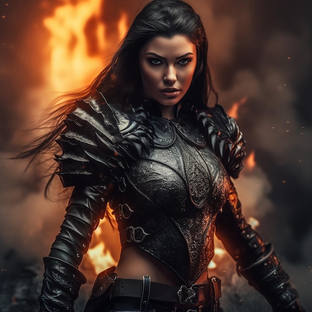 Uma mulher fantasiada de cavaleiro está em frente a uma fogueira.