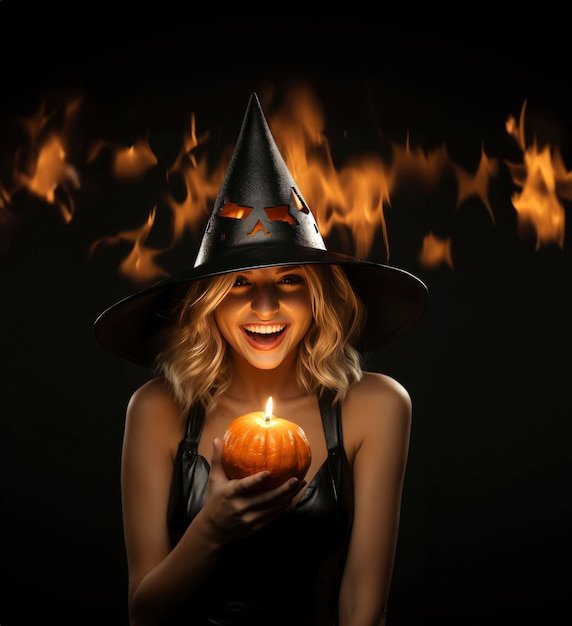 Foto uma mulher fantasiada de halloween segura uma vela