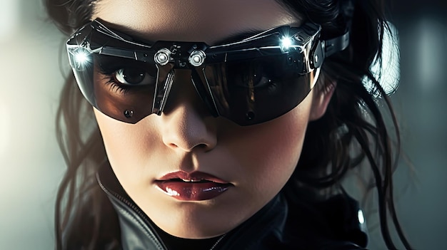 Uma mulher fantasiada de super-herói usa óculos escuros e olha para a câmera.