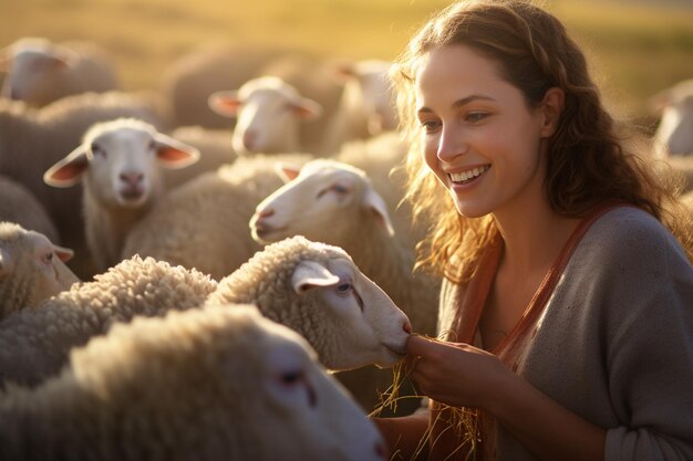 Foto uma mulher fazendeira pastora alimenta um grupo de ovelhas com fundo de estilo bokeh