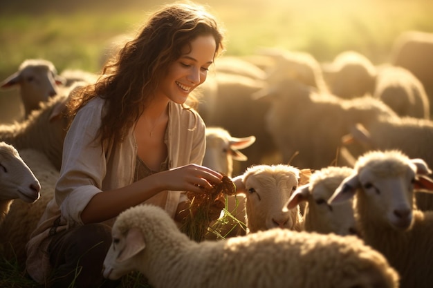 Foto uma mulher fazendeira pastora alimenta um grupo de ovelhas com fundo de estilo bokeh