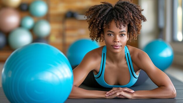 Uma mulher fazendo exercícios de bola de estabilidade para o fundo