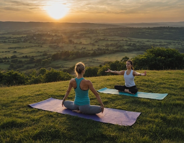 uma mulher fazendo ioga em uma colina com um pôr do sol no fundo