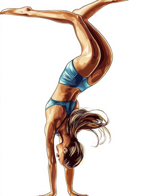 Uma mulher fazendo um handstand em um sutiã e calções esportivos azuis