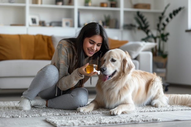 Uma mulher feliz a alimentar o seu cão.