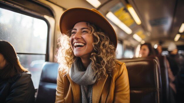 Foto uma mulher feliz a andar de comboio no inverno enquanto usa o telemóvel