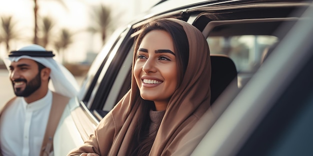 Uma mulher feliz abre a porta do carro e sorri ao entrar no carro