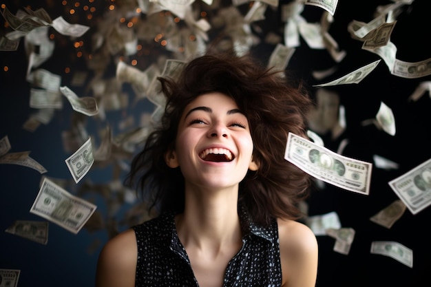 Uma mulher feliz com dinheiro a voar no ar.