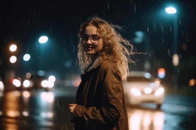 Uma mulher feliz corre dançando à noite em uma cidade moderna criada com tecnologia generativa de IA