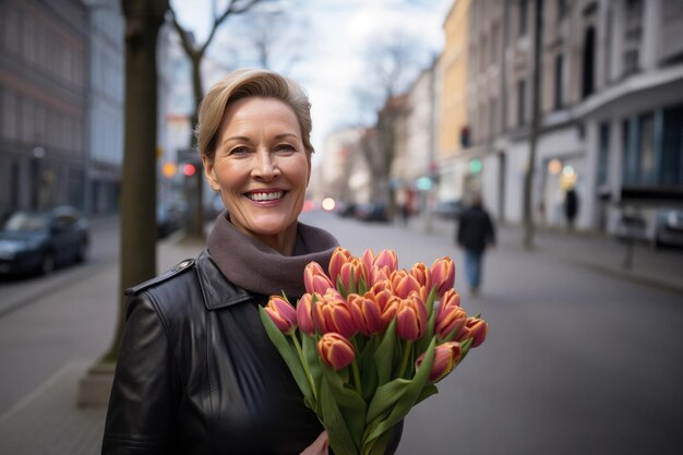 Uma mulher feliz de meia-idade com um buquê de tulipas caminha pela rua da cidade.