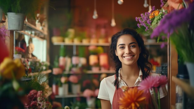 Uma mulher feliz em pé em sua loja de flores Generative Ai