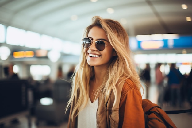 Foto uma mulher feliz no aeroporto porque vai viajar.