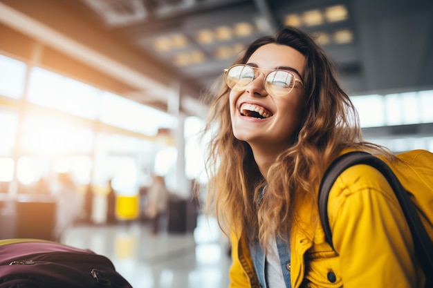 Foto uma mulher feliz no aeroporto porque vai viajar.