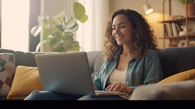 Uma mulher feliz pagando contas on-line com um laptop na sala de estar Compras on-line Generative Ai