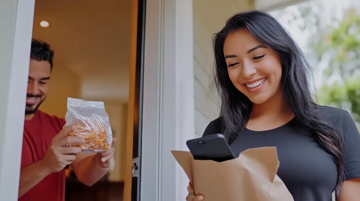 Foto uma mulher feliz recebe uma entrega enquanto verifica seu telefone